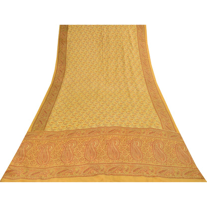 Sanskriti Vintage Sarees Yellow Pure Crepe Silk Printed Sari 5+yd Craft Fabric