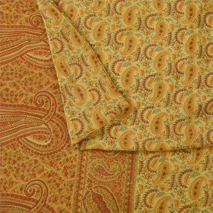Sanskriti Vintage Sarees Yellow Pure Crepe Silk Printed Sari 5+yd Craft Fabric