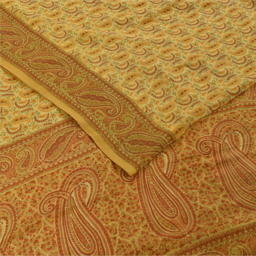 Sanskriti Vintage Sarees Yellow Pure Crepe Silk Printed Sari 5+yd Craft Fabric