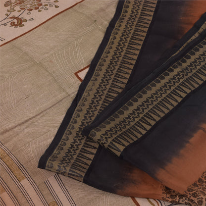 Sanskriti Vintage Sarees Ivory Pure Crepe Silk Printed Sari 5+yd Craft Fabric