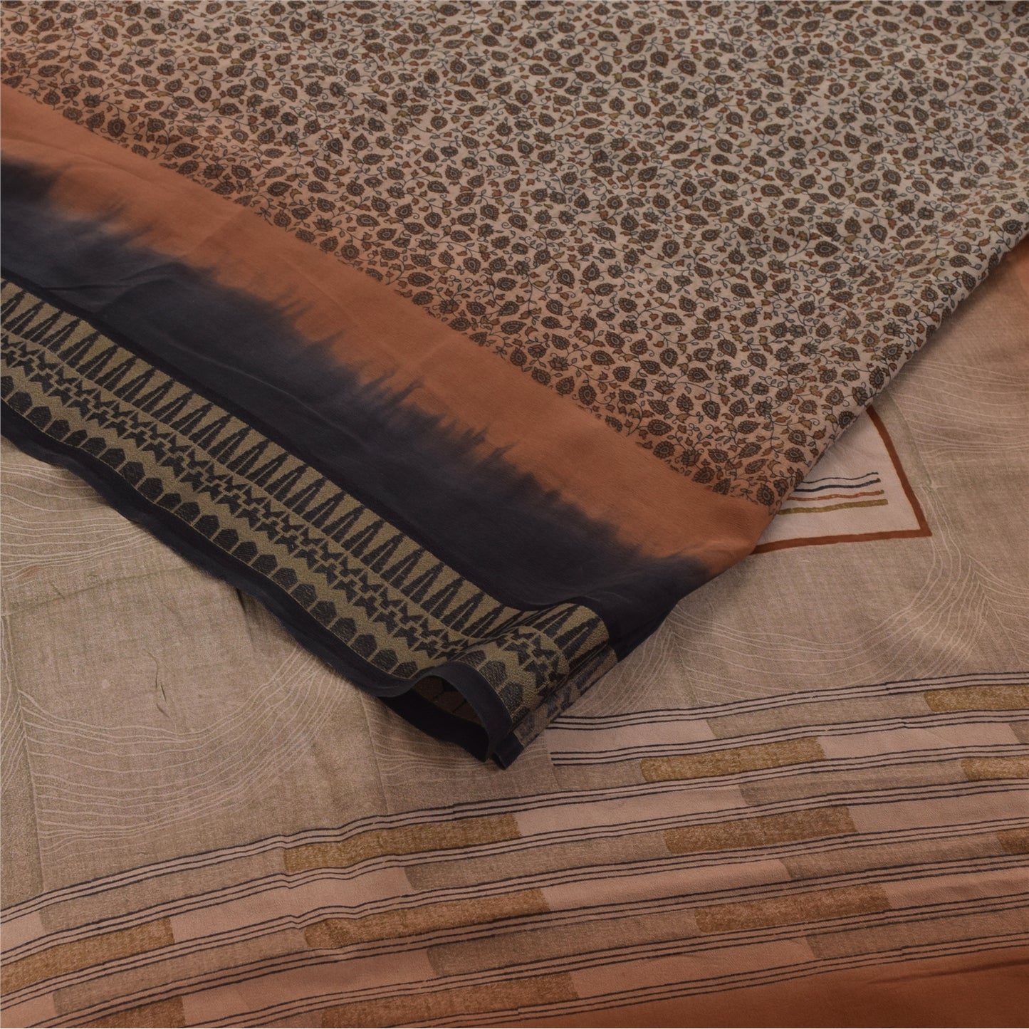 Sanskriti Vintage Sarees Ivory Pure Crepe Silk Printed Sari 5+yd Craft Fabric