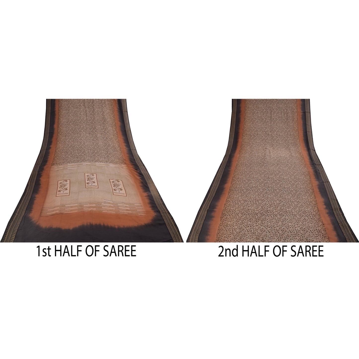 Sanskriti Vintage Sarees Ivory Pure Crepe Silk Printed Sari 5+yd Craft Fabric