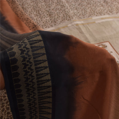 Sanskriti Vintage Sarees Ivory Pure Crepe Silk Printed Sari 5+yd Craft Fabric