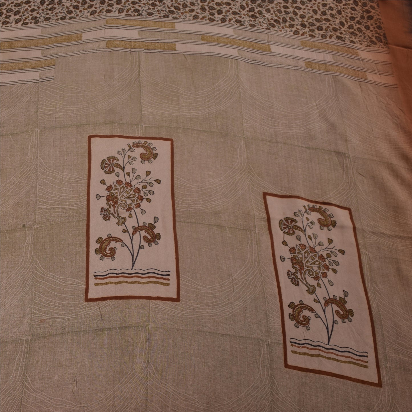 Sanskriti Vintage Sarees Ivory Pure Crepe Silk Printed Sari 5+yd Craft Fabric