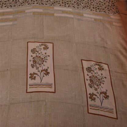 Sanskriti Vintage Sarees Ivory Pure Crepe Silk Printed Sari 5+yd Craft Fabric
