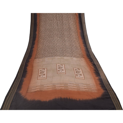 Sanskriti Vintage Sarees Ivory Pure Crepe Silk Printed Sari 5+yd Craft Fabric