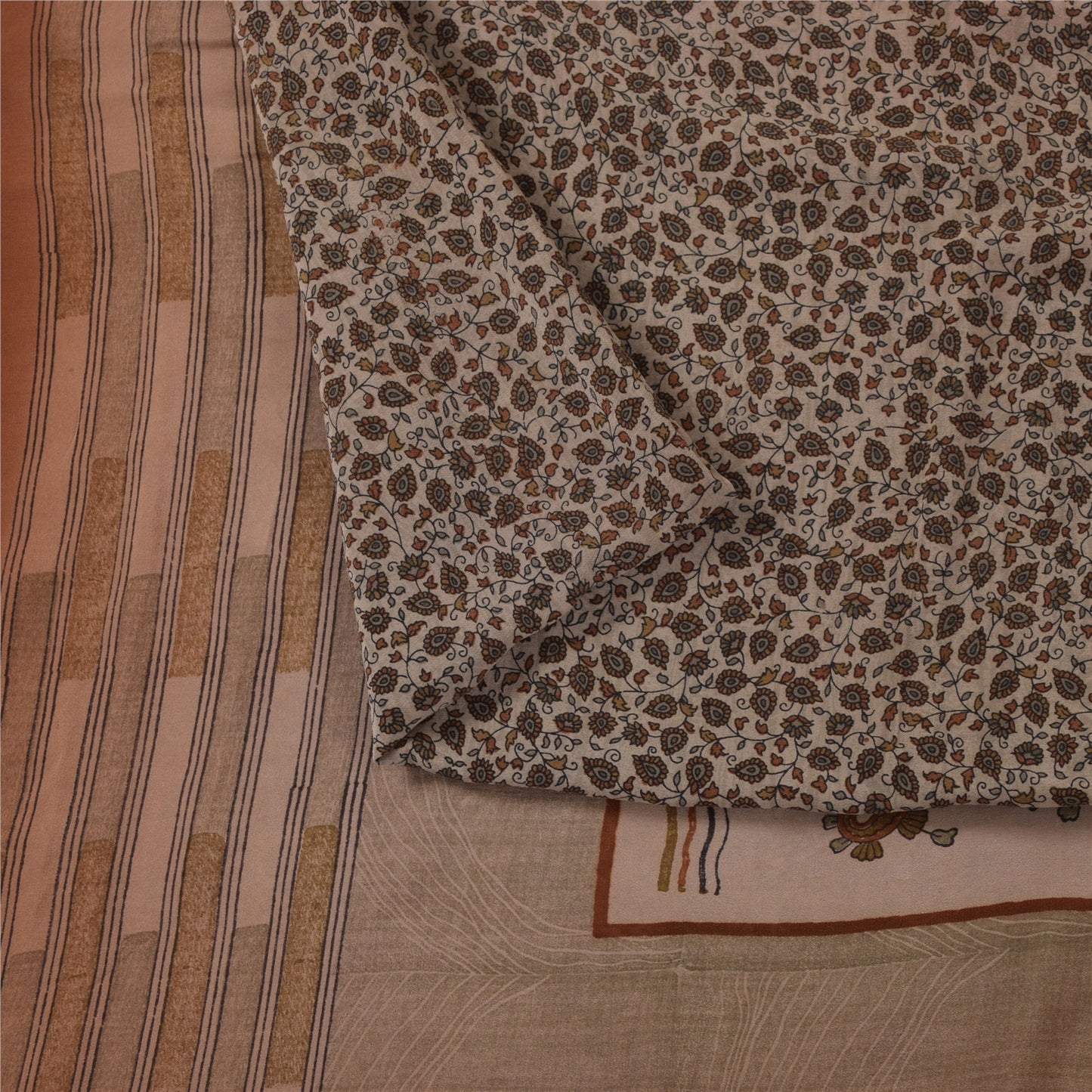 Sanskriti Vintage Sarees Ivory Pure Crepe Silk Printed Sari 5+yd Craft Fabric