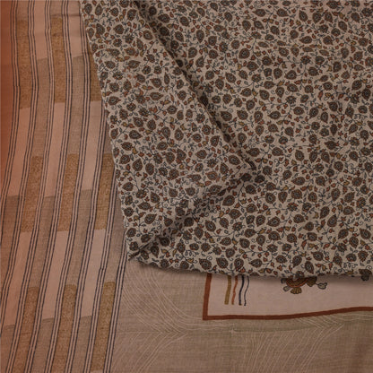 Sanskriti Vintage Sarees Ivory Pure Crepe Silk Printed Sari 5+yd Craft Fabric