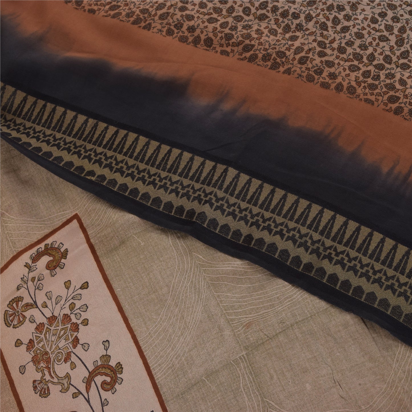 Sanskriti Vintage Sarees Ivory Pure Crepe Silk Printed Sari 5+yd Craft Fabric