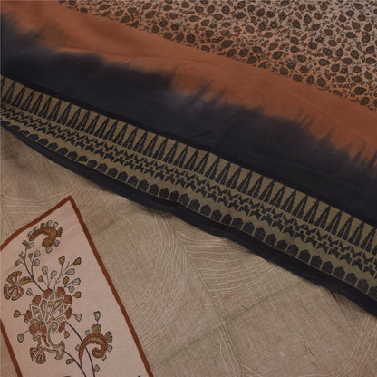 Sanskriti Vintage Sarees Ivory Pure Crepe Silk Printed Sari 5+yd Craft Fabric