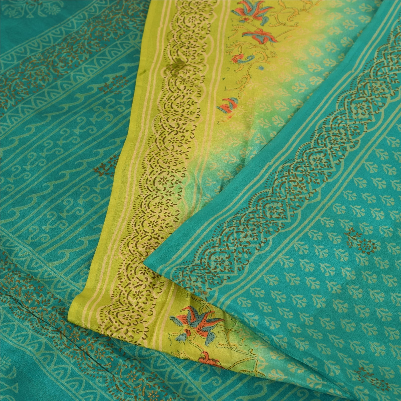 Sanskriti Vintage Sarees Hand Block Print Pure Crepe Silk Sari 5+yd Craft Fabric