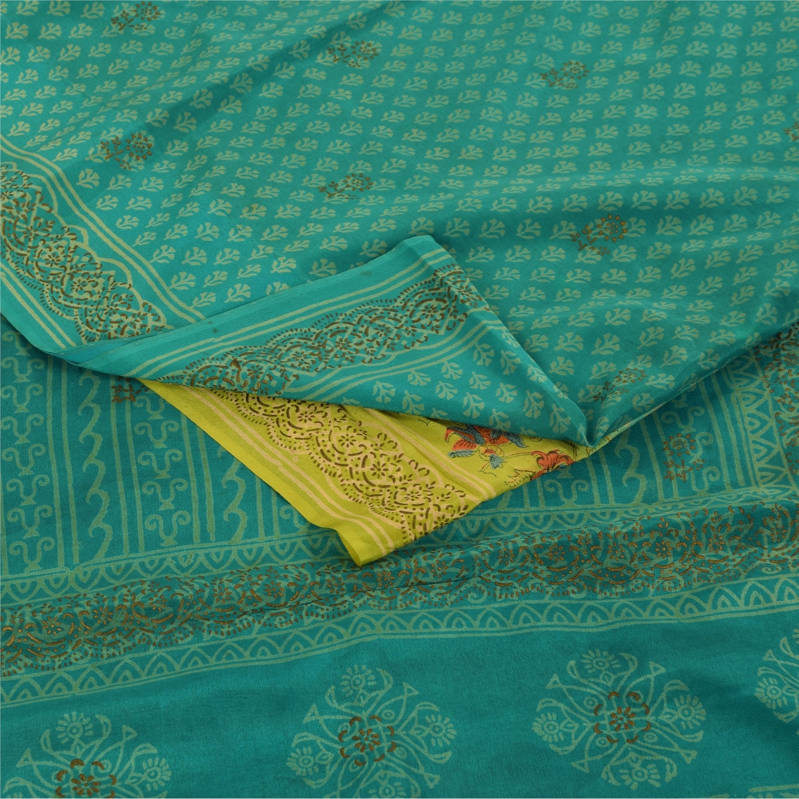 Sanskriti Vintage Sarees Hand Block Print Pure Crepe Silk Sari 5+yd Craft Fabric
