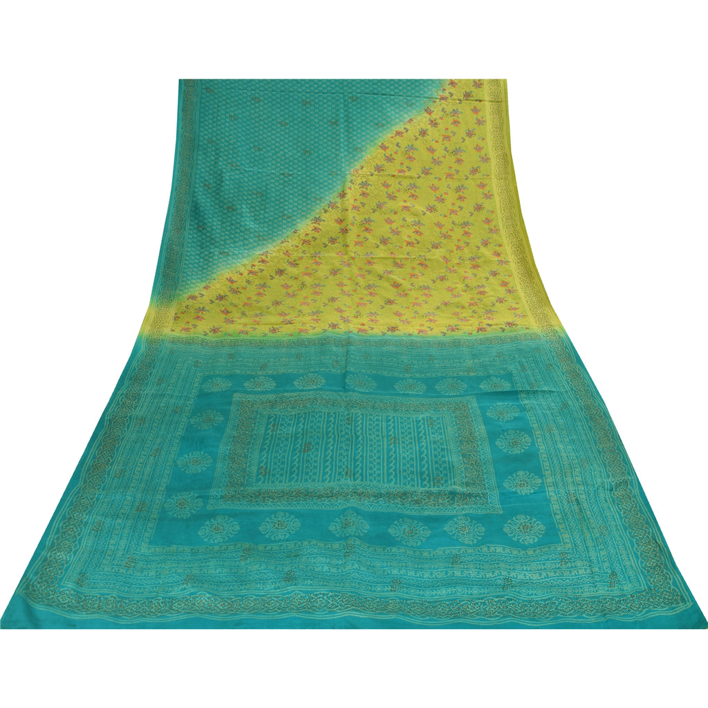 Sanskriti Vintage Sarees Hand Block Print Pure Crepe Silk Sari 5+yd Craft Fabric