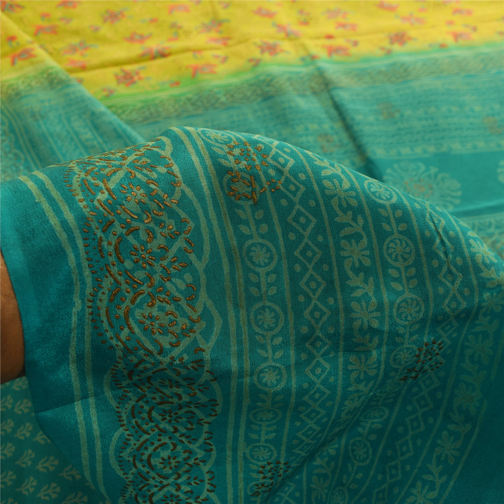 Sanskriti Vintage Sarees Hand Block Print Pure Crepe Silk Sari 5+yd Craft Fabric