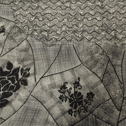 Sanskriti Vintage Sarees Gray 100%Pure Crepe Silk Printed Sari 5+yd Craft Fabric