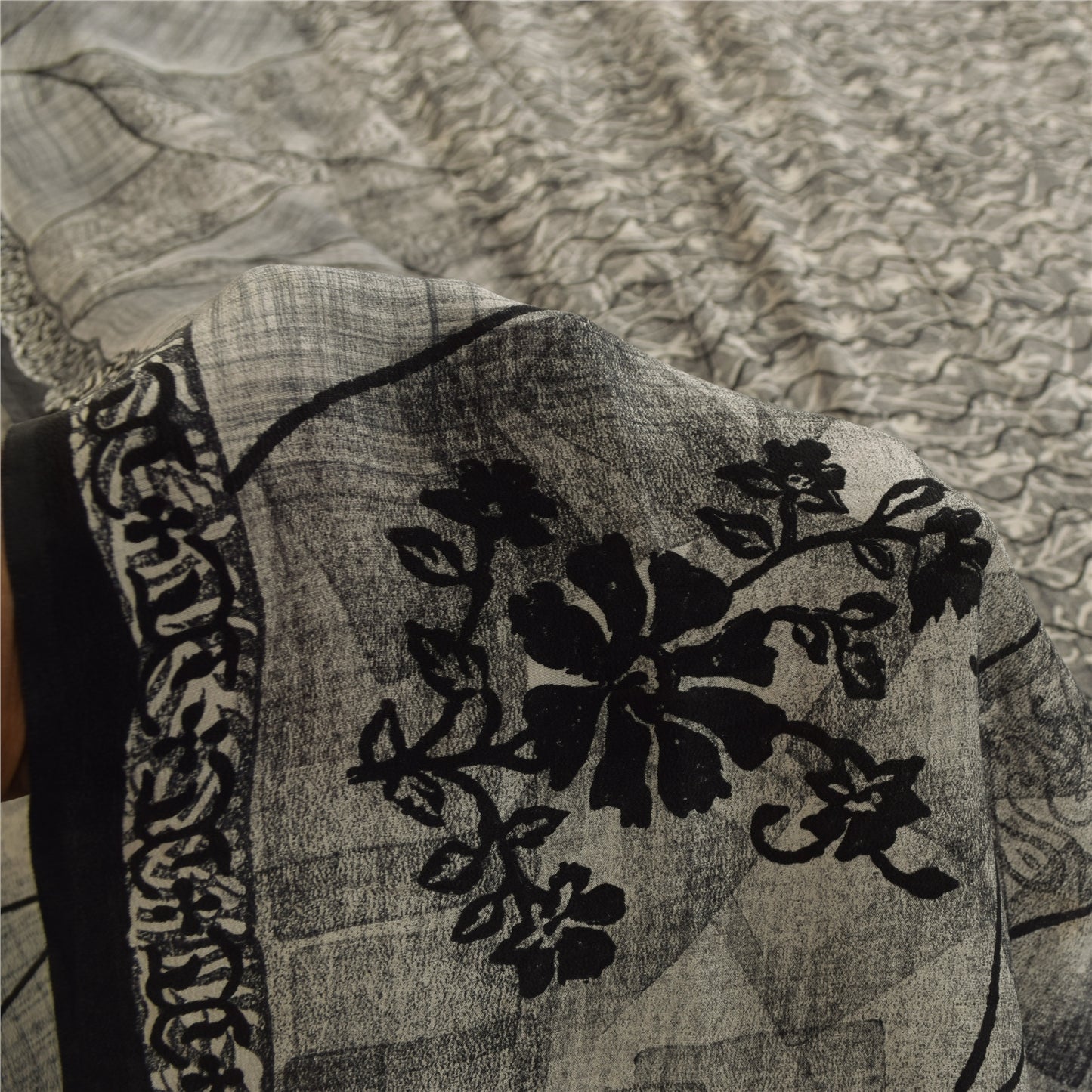 Sanskriti Vintage Sarees Gray 100%Pure Crepe Silk Printed Sari 5+yd Craft Fabric