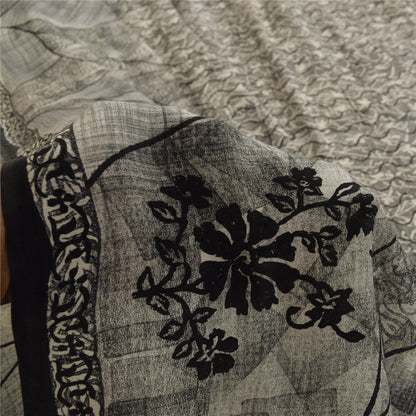 Sanskriti Vintage Sarees Gray 100%Pure Crepe Silk Printed Sari 5+yd Craft Fabric