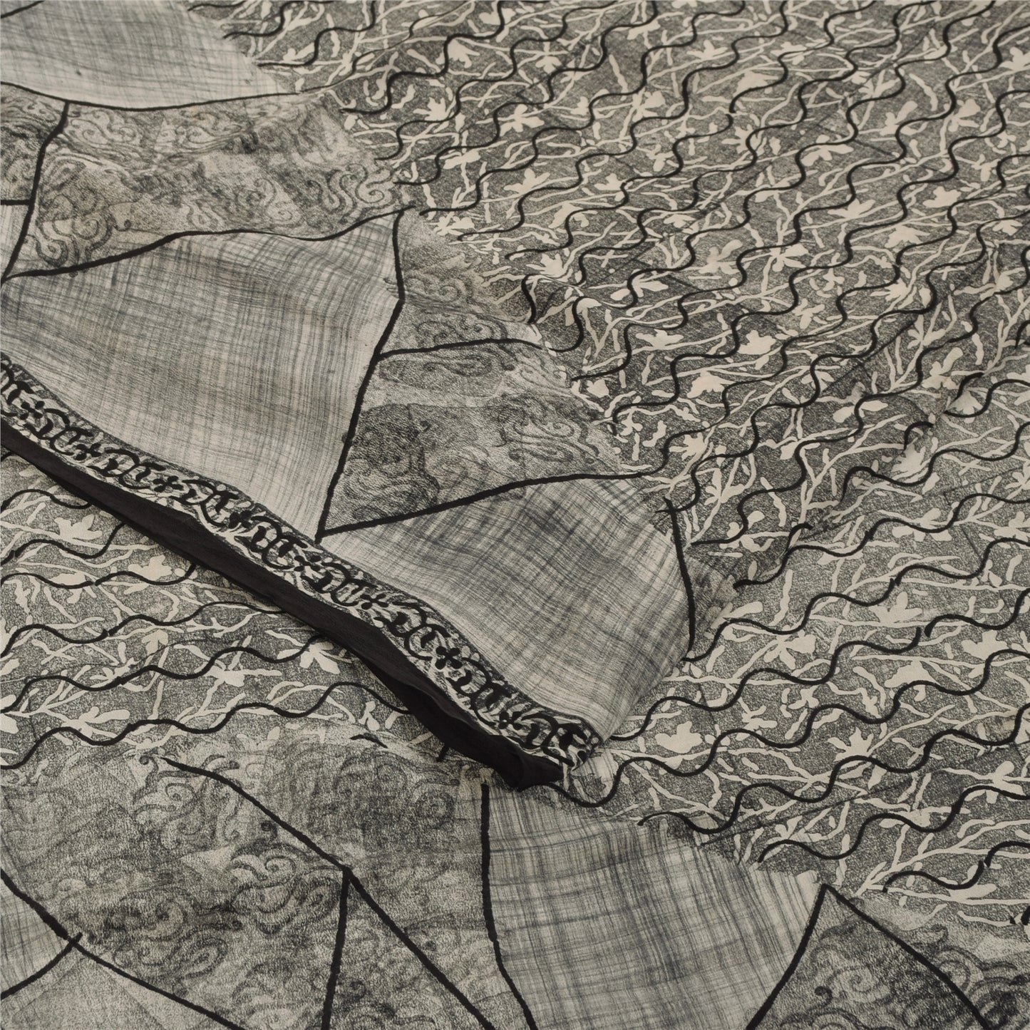 Sanskriti Vintage Sarees Gray 100%Pure Crepe Silk Printed Sari 5+yd Craft Fabric