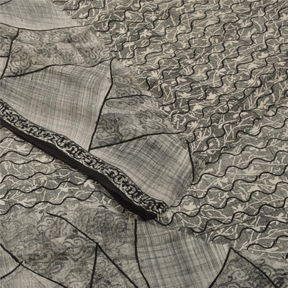 Sanskriti Vintage Sarees Gray 100%Pure Crepe Silk Printed Sari 5+yd Craft Fabric