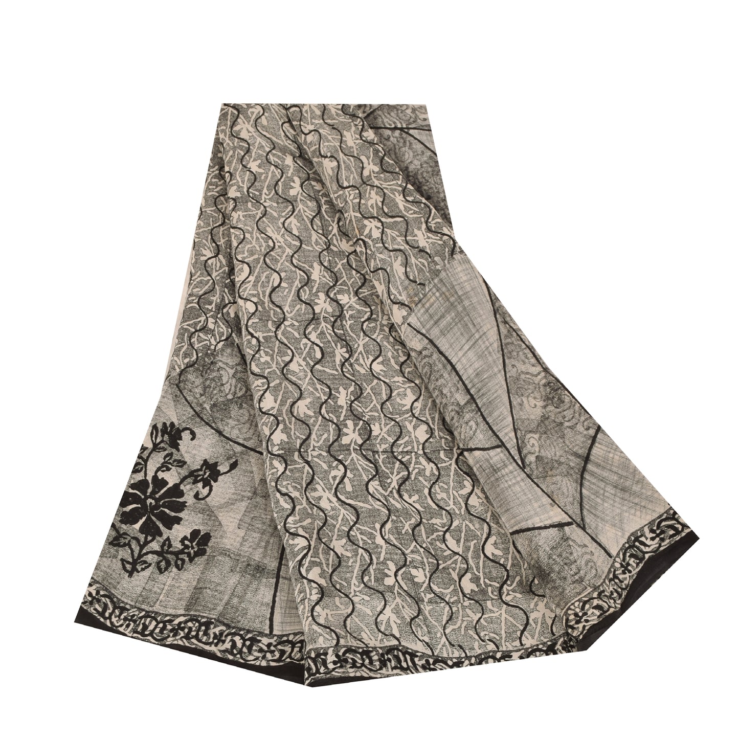 Sanskriti Vintage Sarees Gray 100%Pure Crepe Silk Printed Sari 5+yd Craft Fabric