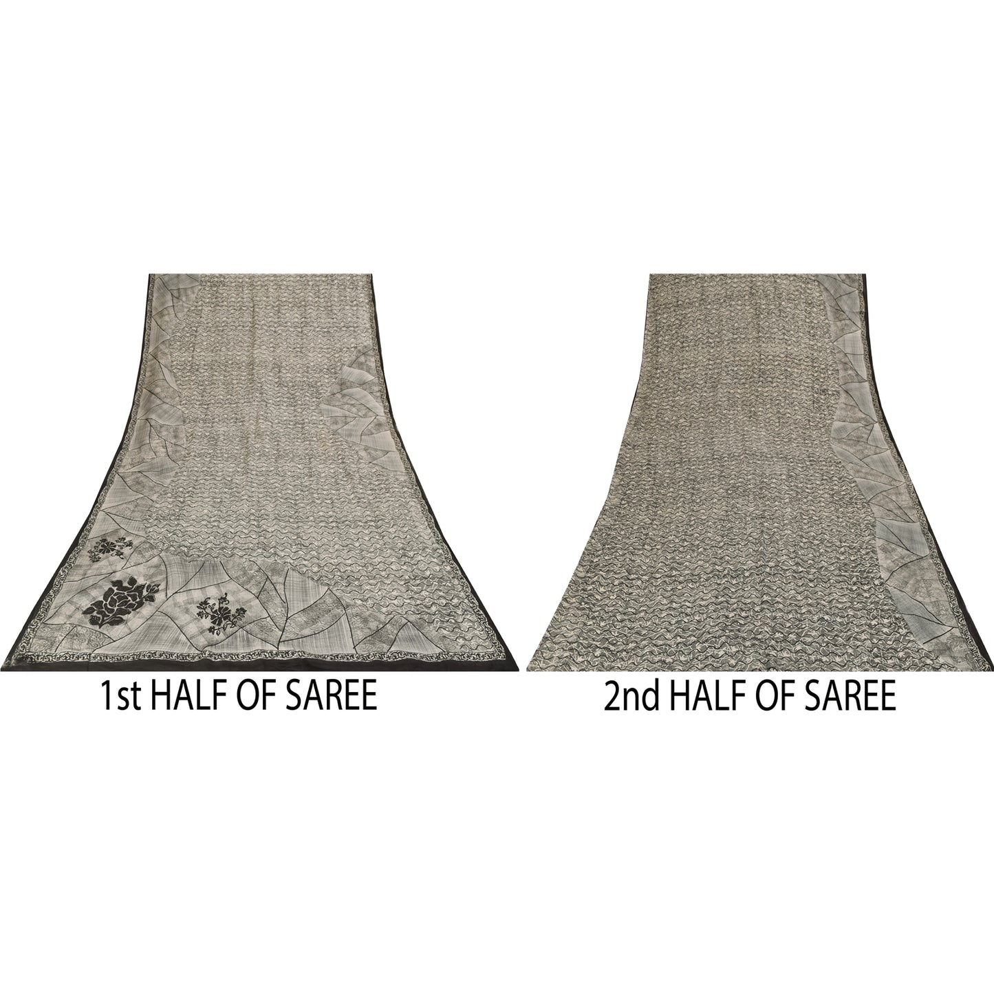 Sanskriti Vintage Sarees Gray 100%Pure Crepe Silk Printed Sari 5+yd Craft Fabric