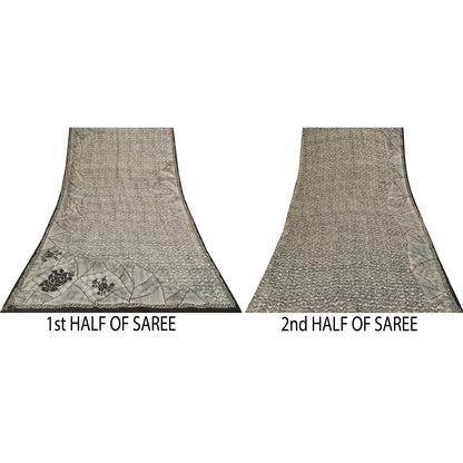 Sanskriti Vintage Sarees Gray 100%Pure Crepe Silk Printed Sari 5+yd Craft Fabric