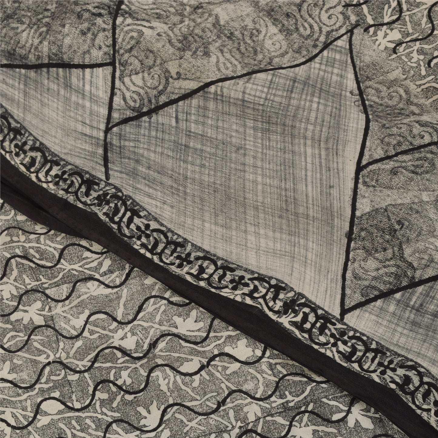 Sanskriti Vintage Sarees Gray 100%Pure Crepe Silk Printed Sari 5+yd Craft Fabric