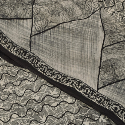 Sanskriti Vintage Sarees Gray 100%Pure Crepe Silk Printed Sari 5+yd Craft Fabric