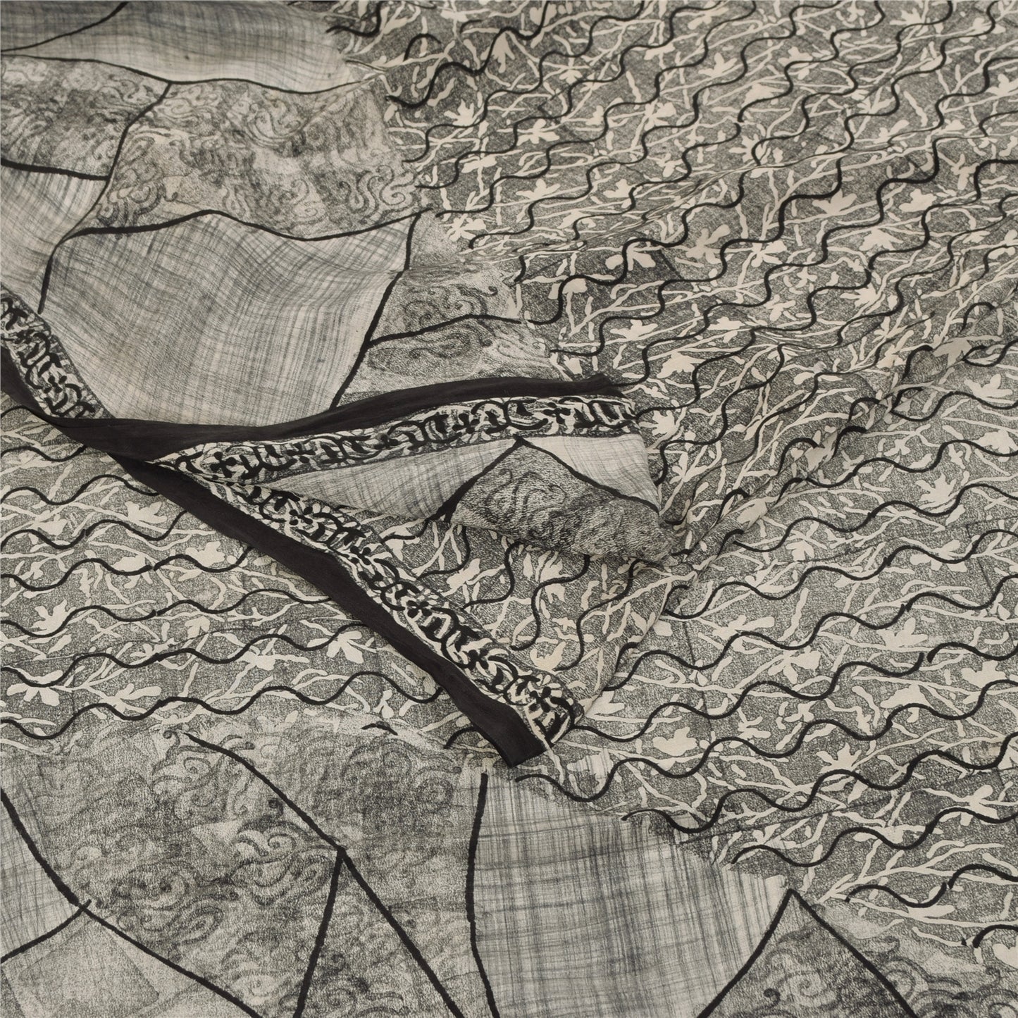 Sanskriti Vintage Sarees Gray 100%Pure Crepe Silk Printed Sari 5+yd Craft Fabric