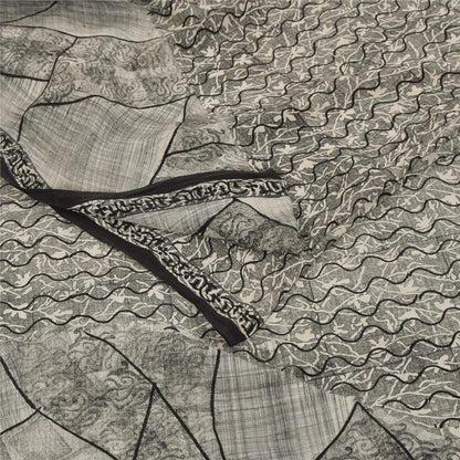 Sanskriti Vintage Sarees Gray 100%Pure Crepe Silk Printed Sari 5+yd Craft Fabric