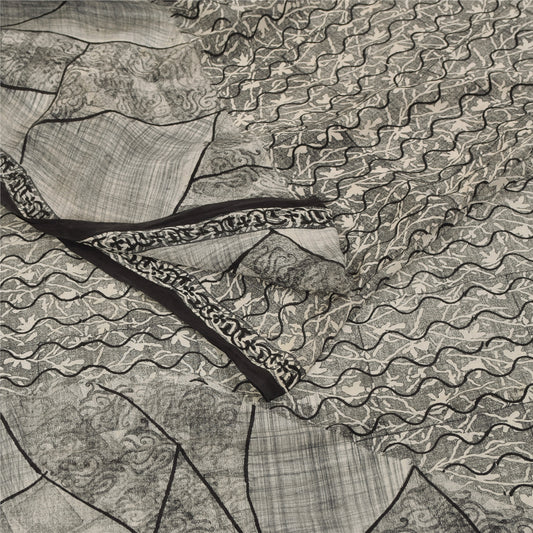 Sanskriti Vintage Sarees Gray 100%Pure Crepe Silk Printed Sari 5+yd Craft Fabric