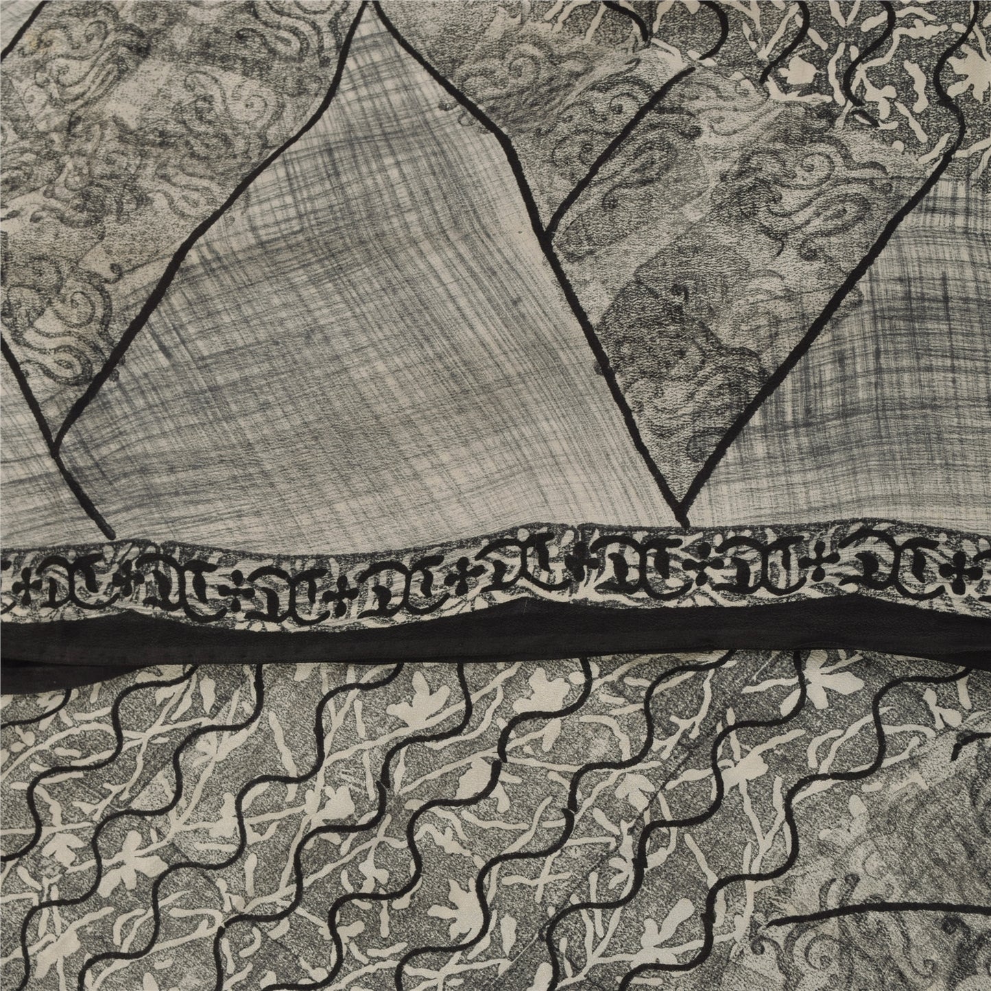 Sanskriti Vintage Sarees Gray 100%Pure Crepe Silk Printed Sari 5+yd Craft Fabric