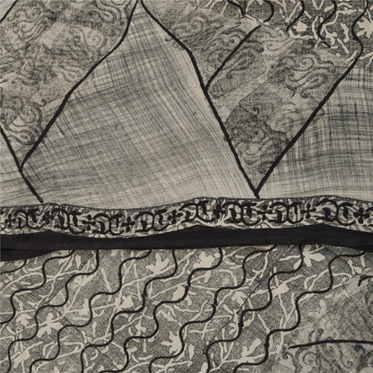 Sanskriti Vintage Sarees Gray 100%Pure Crepe Silk Printed Sari 5+yd Craft Fabric