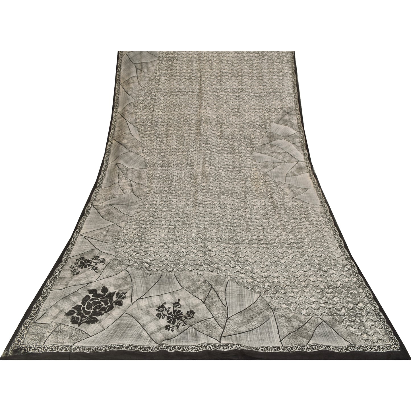 Sanskriti Vintage Sarees Gray 100%Pure Crepe Silk Printed Sari 5+yd Craft Fabric