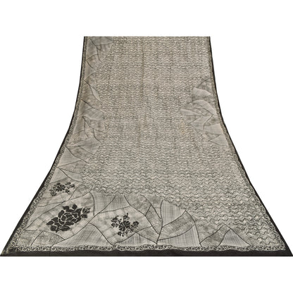 Sanskriti Vintage Sarees Gray 100%Pure Crepe Silk Printed Sari 5+yd Craft Fabric