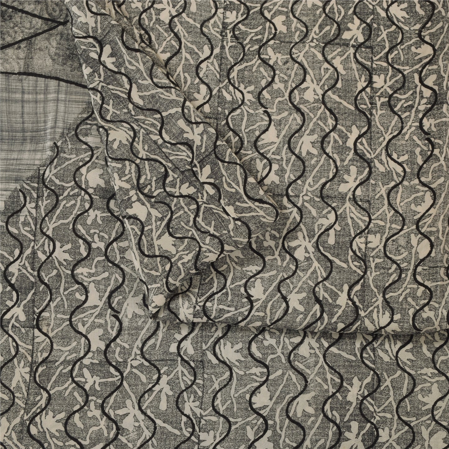 Sanskriti Vintage Sarees Gray 100%Pure Crepe Silk Printed Sari 5+yd Craft Fabric