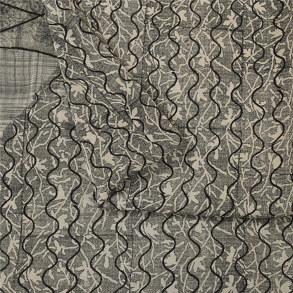 Sanskriti Vintage Sarees Gray 100%Pure Crepe Silk Printed Sari 5+yd Craft Fabric