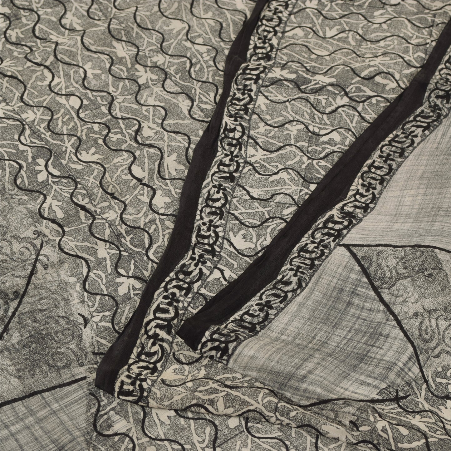 Sanskriti Vintage Sarees Gray 100%Pure Crepe Silk Printed Sari 5+yd Craft Fabric