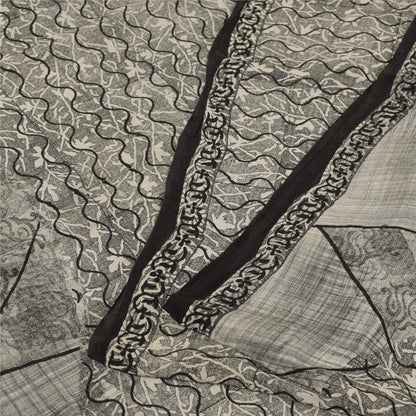 Sanskriti Vintage Sarees Gray 100%Pure Crepe Silk Printed Sari 5+yd Craft Fabric