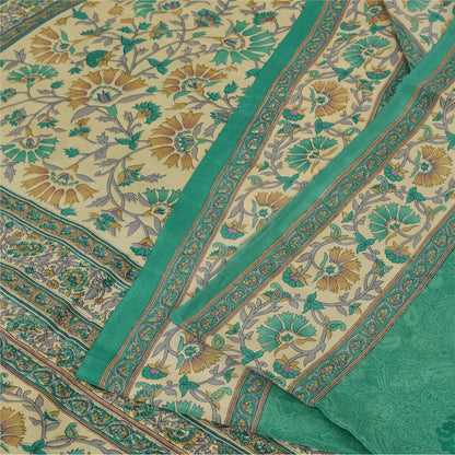 Sanskriti Vintage Sarees Green Pure Crepe Silk Printed Sari 5+yd Craft Fabric