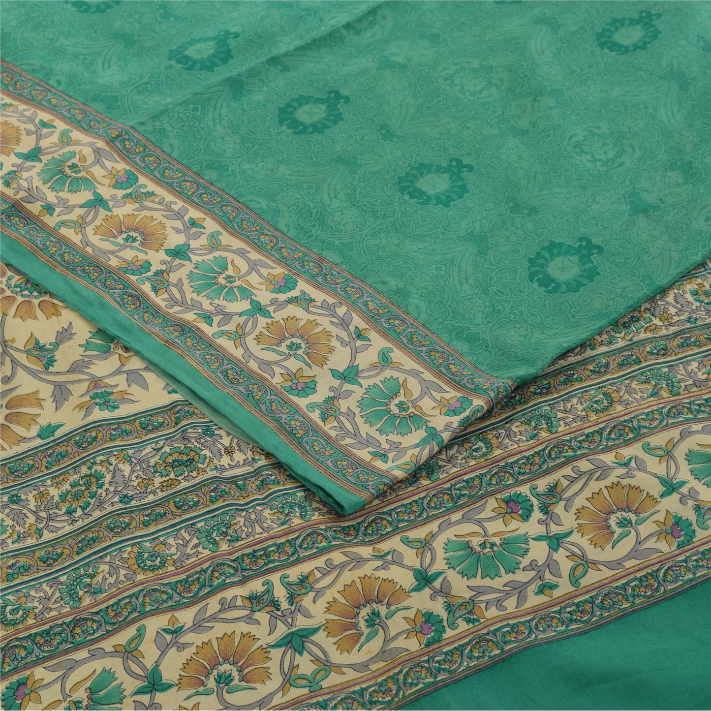 Sanskriti Vintage Sarees Green Pure Crepe Silk Printed Sari 5+yd Craft Fabric