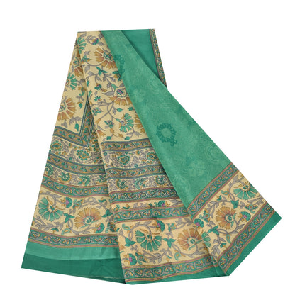Sanskriti Vintage Sarees Green Pure Crepe Silk Printed Sari 5+yd Craft Fabric