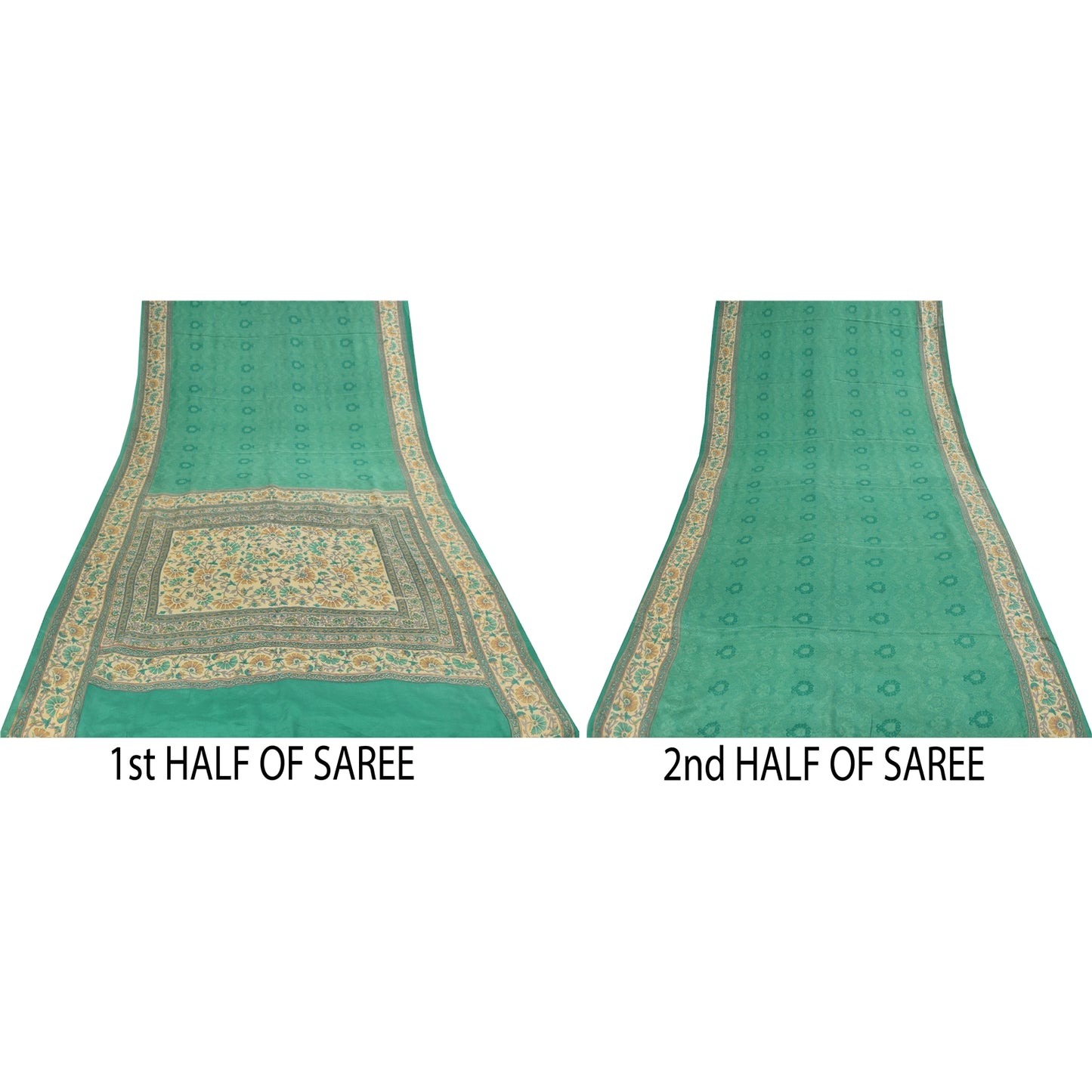 Sanskriti Vintage Sarees Green Pure Crepe Silk Printed Sari 5+yd Craft Fabric