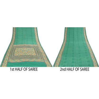 Sanskriti Vintage Sarees Green Pure Crepe Silk Printed Sari 5+yd Craft Fabric