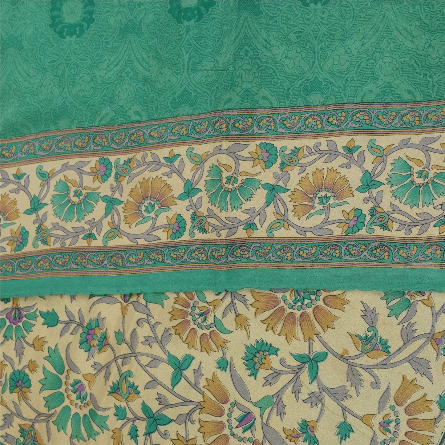 Sanskriti Vintage Sarees Green Pure Crepe Silk Printed Sari 5+yd Craft Fabric