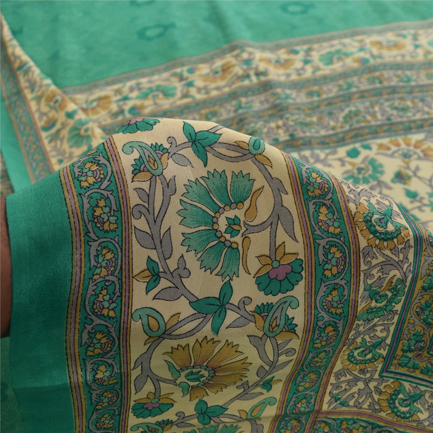 Sanskriti Vintage Sarees Green Pure Crepe Silk Printed Sari 5+yd Craft Fabric