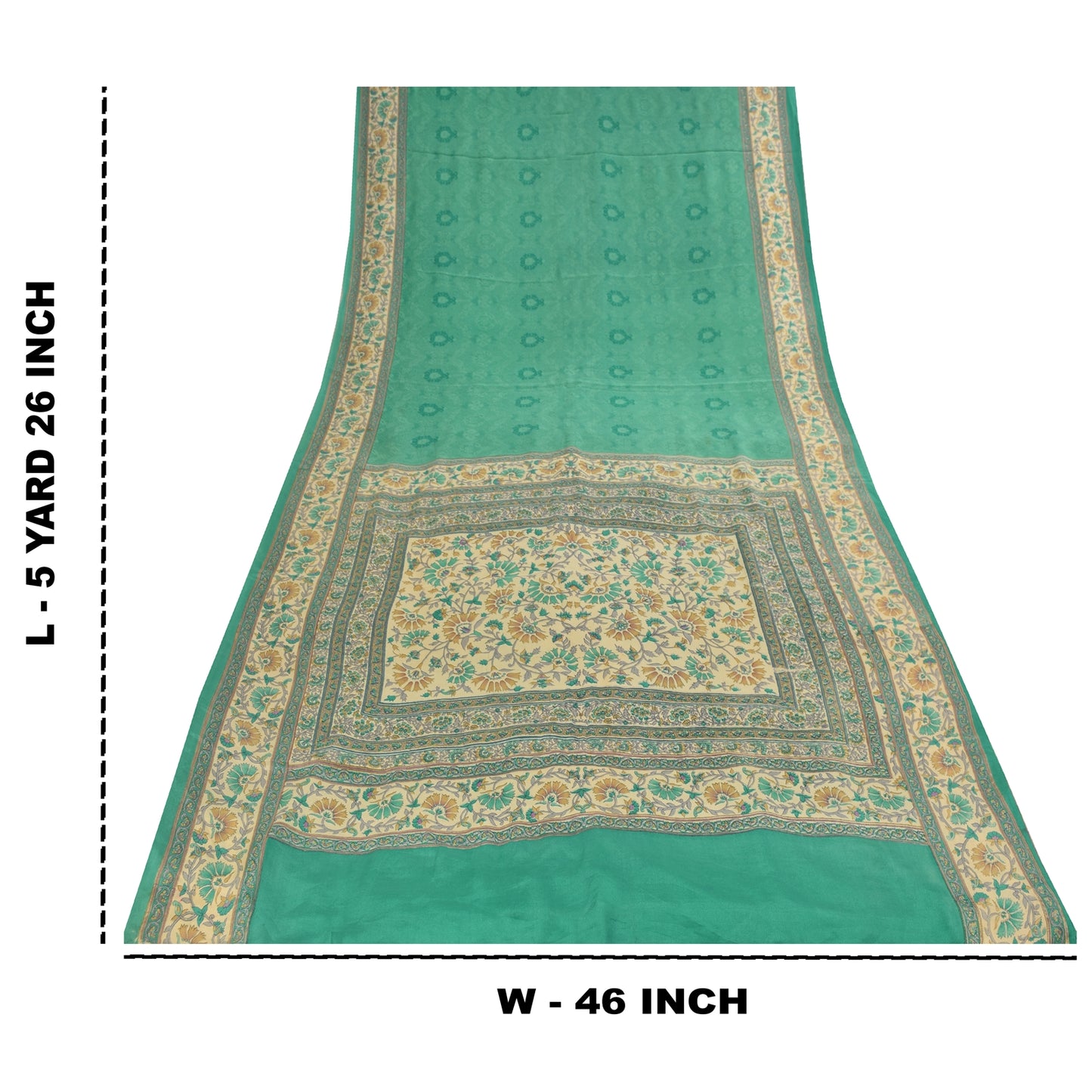 Sanskriti Vintage Sarees Green Pure Crepe Silk Printed Sari 5+yd Craft Fabric