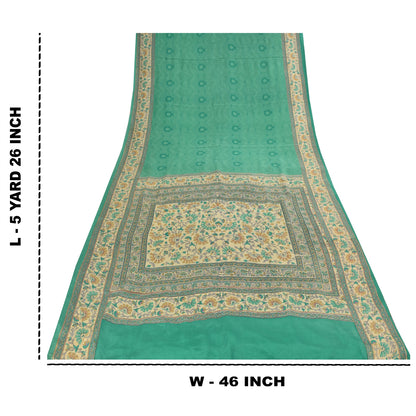 Sanskriti Vintage Sarees Green Pure Crepe Silk Printed Sari 5+yd Craft Fabric