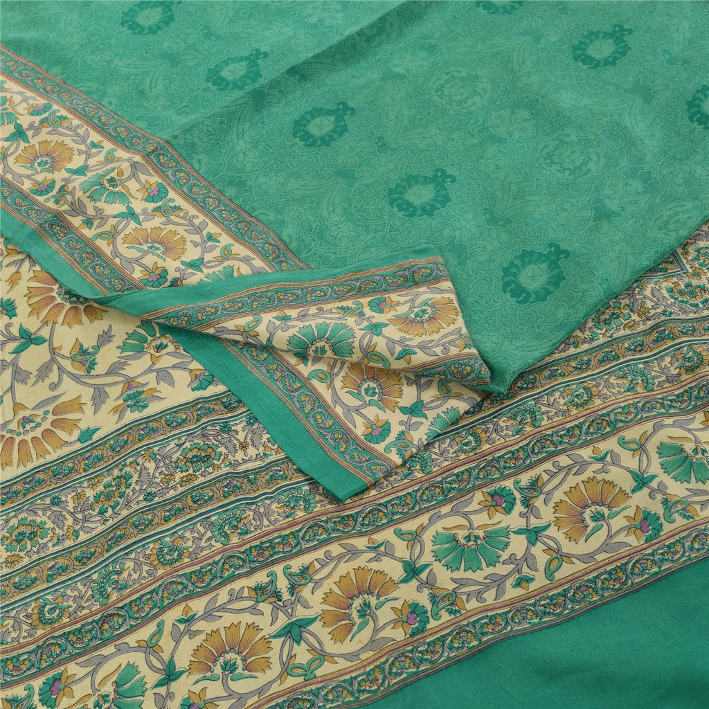 Sanskriti Vintage Sarees Green Pure Crepe Silk Printed Sari 5+yd Craft Fabric