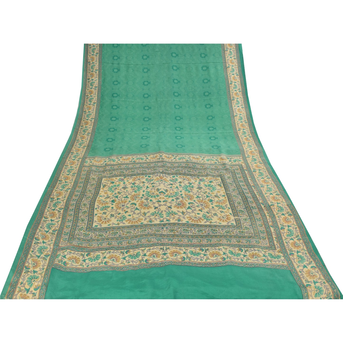 Sanskriti Vintage Sarees Green Pure Crepe Silk Printed Sari 5+yd Craft Fabric